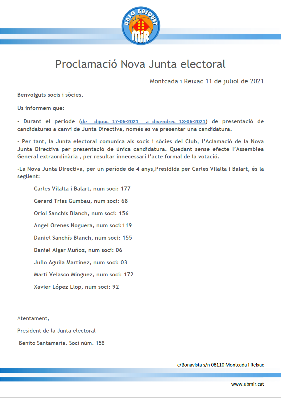 Proclamació Junta Directiva 2021 2025
